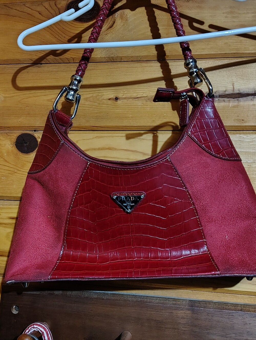 Prada Burgundy Croc-Embossed & Suede Shoulder Bag